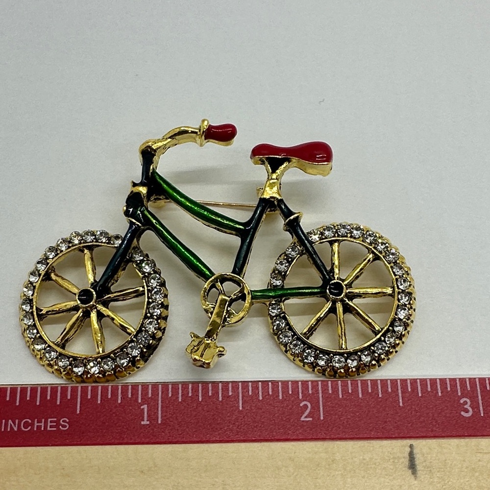 Elegant Gold and Red Bicycle Brooch - Picture 4 of 5